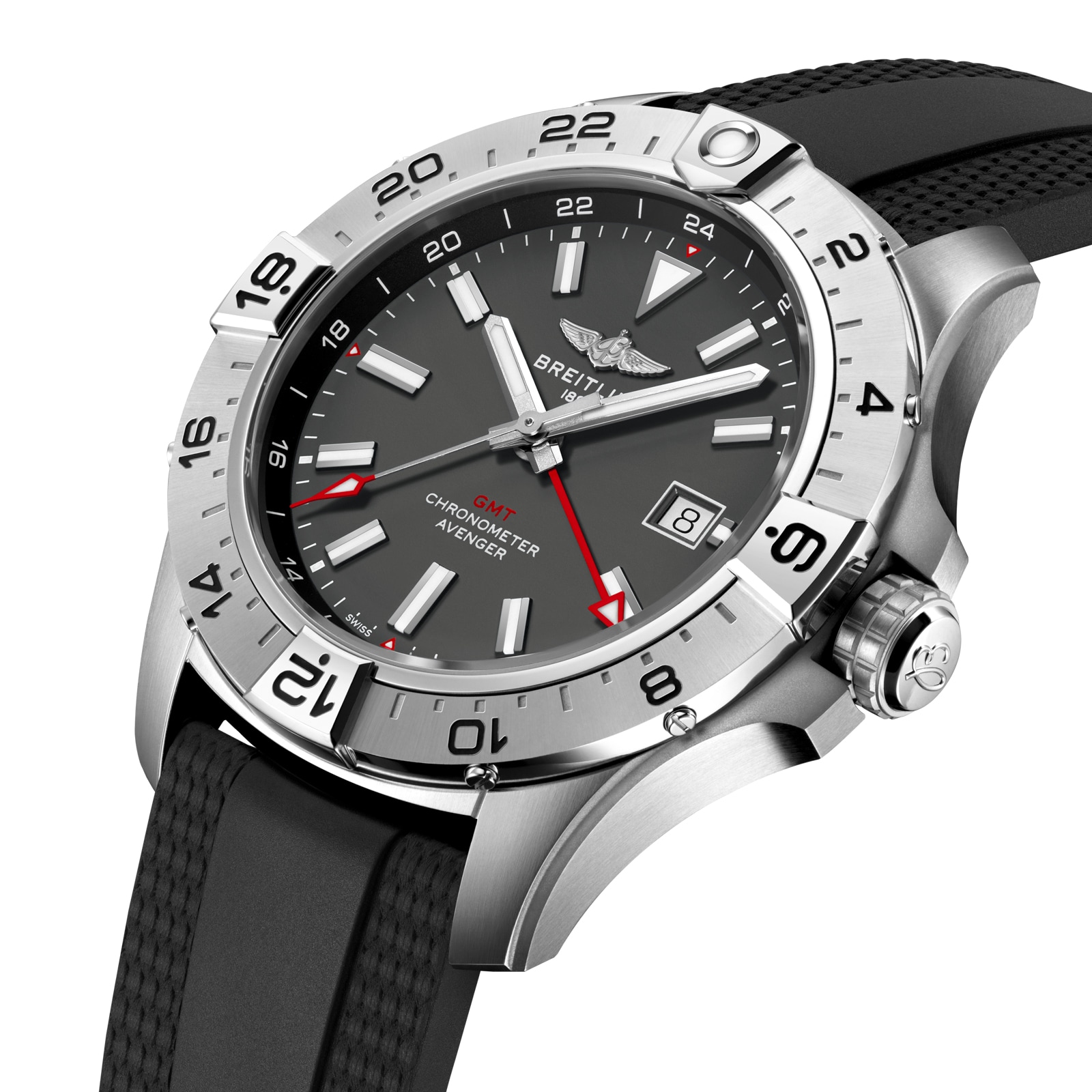 Breitling Avenger Automatic GMT Wings UK Edition 44mm Mens Watch Anthracite Dial Rubber Strap Breitling Avenger Automatic GMT Wings UK Edition 44mm Mens Watch Anthracite Dial Rubber Strap