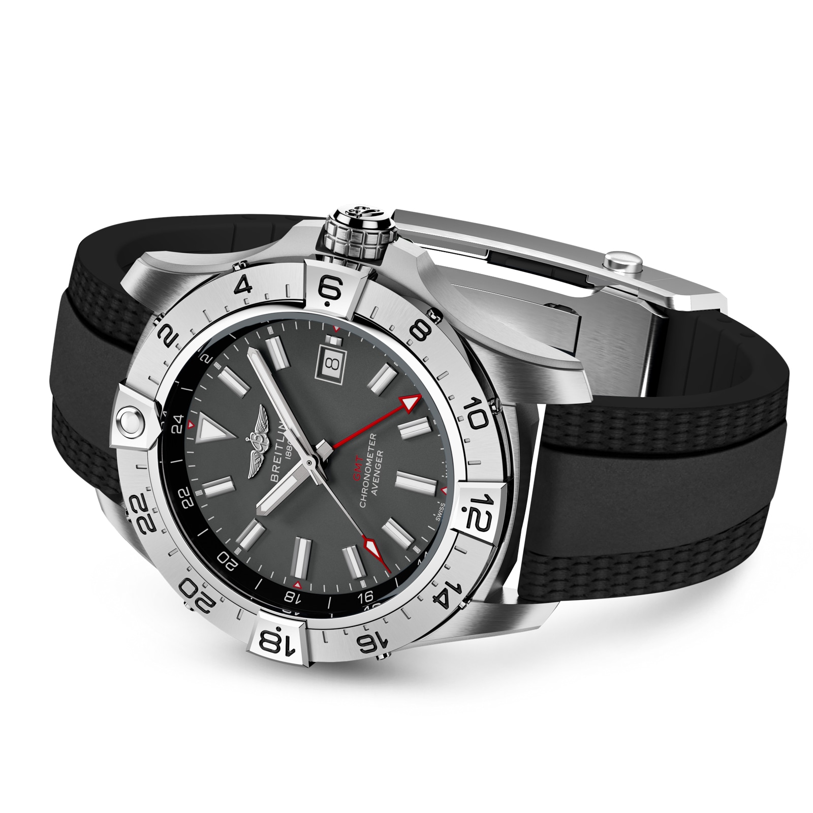 Breitling Avenger Automatic GMT Wings UK Edition 44mm Mens Watch Anthracite Dial Rubber Strap Breitling Avenger Automatic GMT Wings UK Edition 44mm Mens Watch Anthracite Dial Rubber Strap
