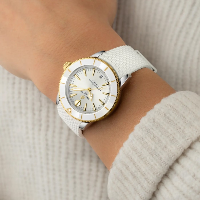 Breitling Superocean Heritage Automatic 36mm Ladies Watch Yellow Gold White Rubber Strap