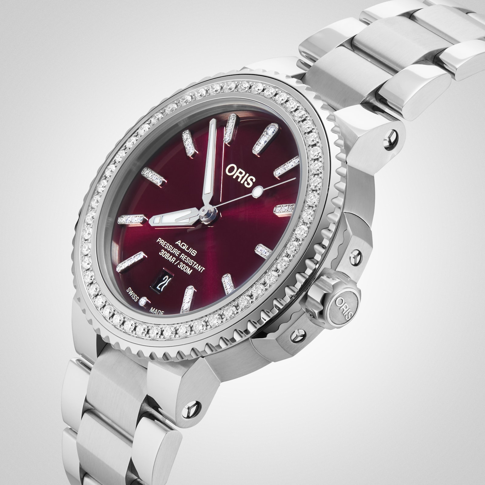 Oris Aquis Cherry Diamond Bezel 41.5mm Unisex Watch - Stainless Steel Strap