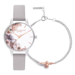 Olivia Burton Watercolour Florals 30mm Ladies Watch and Bracelet Gift Set