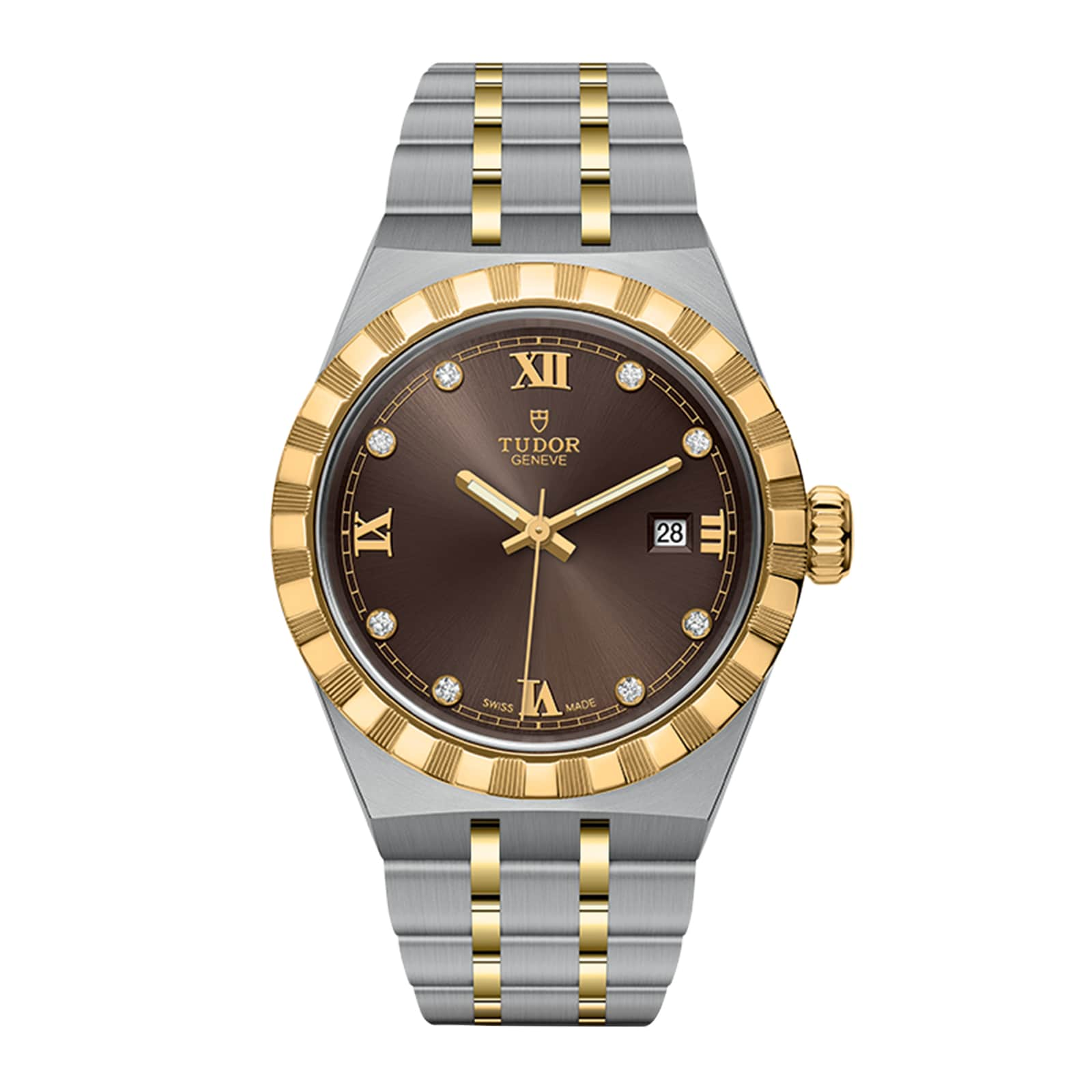 Tudor Royal S&G 28mm Steel Case Diamond-Set Brown Dial