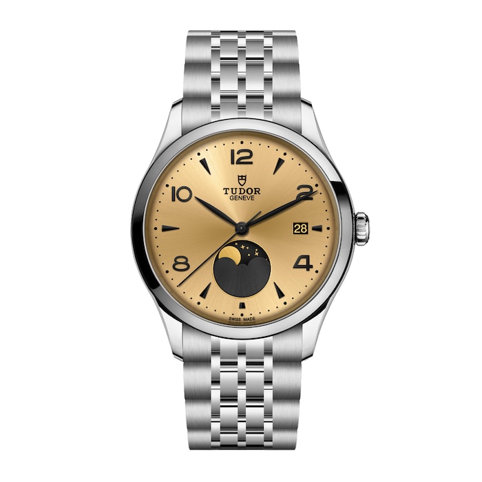 Tudor 1926 Luna 39mm Mens Watch Steel Case Moon Phase Indicator Champagne Dial