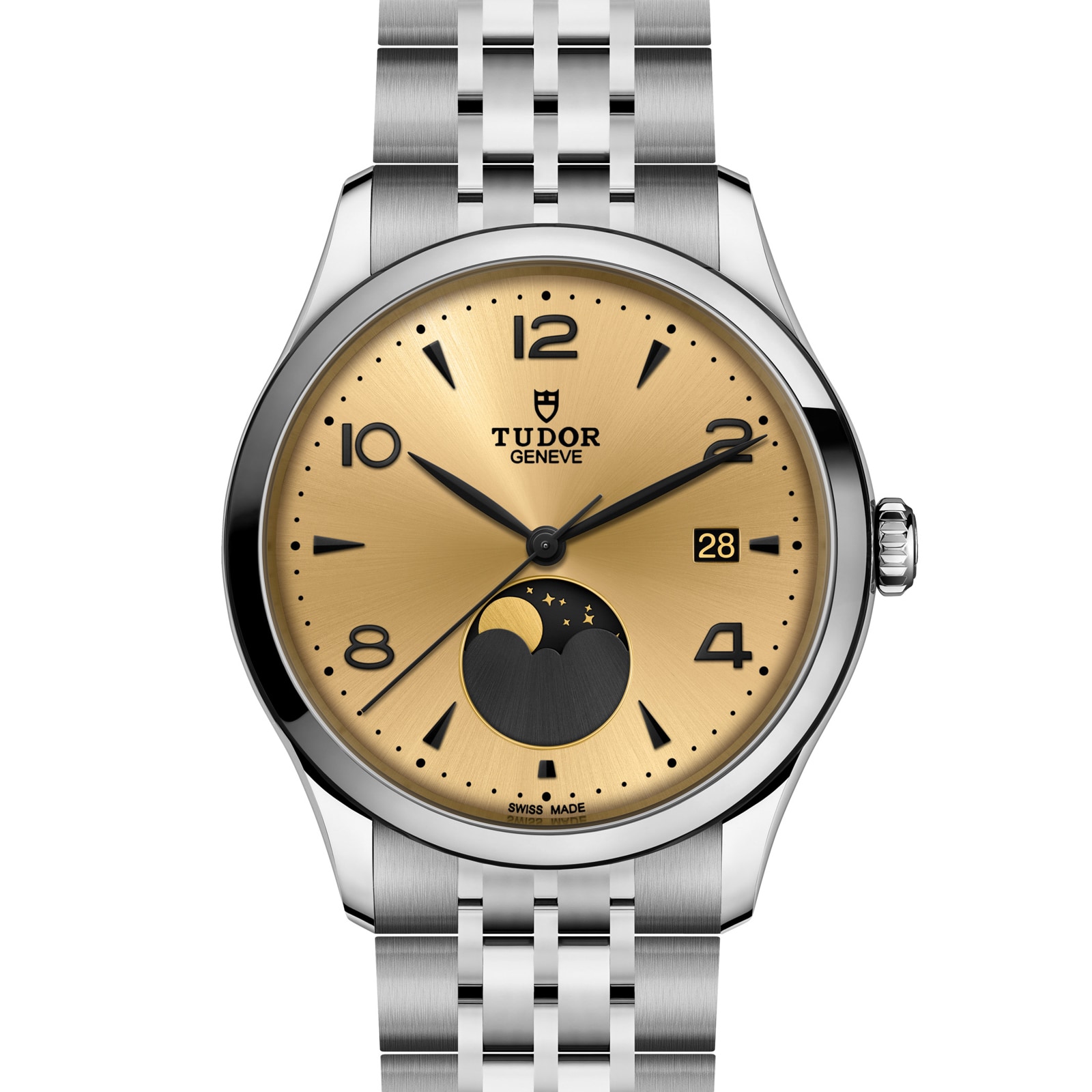 Tudor 1926 Luna 39mm Mens Watch Steel Case Moon Phase Indicator Champagne Dial