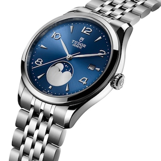 Tudor 1926 Luna 39mm Mens Watch Steel Case Moon Phase Indicator Blue Dial