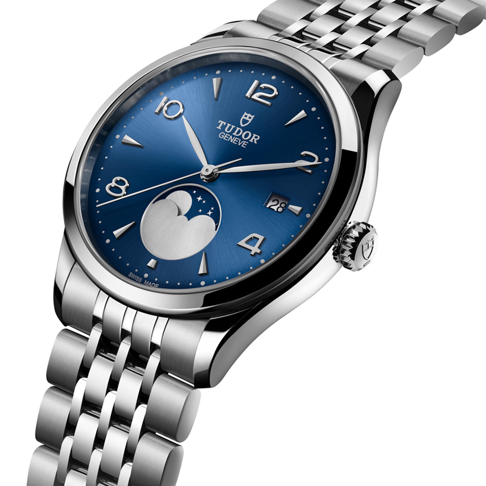 Tudor 1926 Luna 39mm Mens Watch Steel Case Moon Phase Indicator Blue Dial