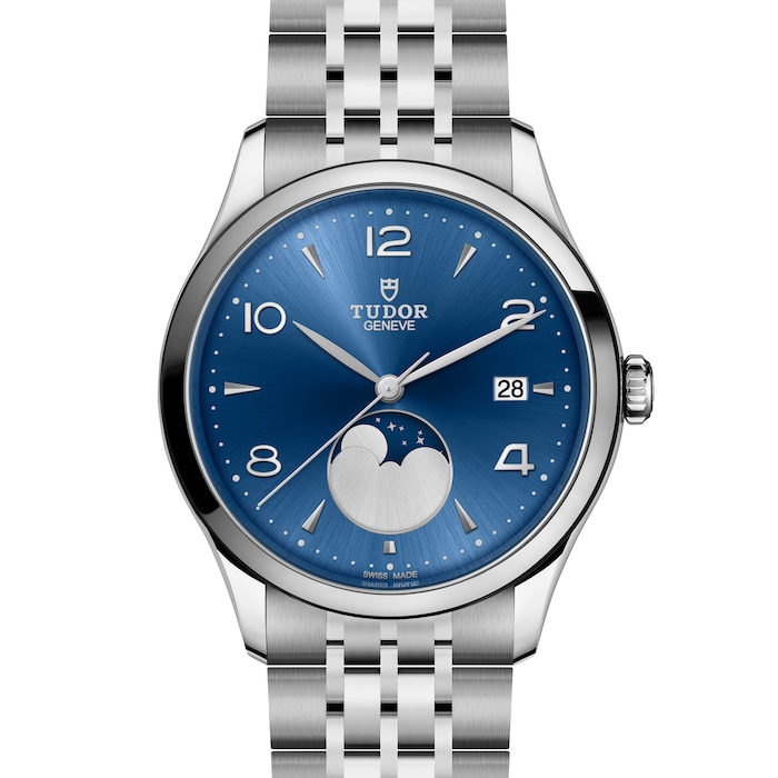Tudor 1926 Luna 39mm Mens Watch Steel Case Moon Phase Indicator Blue Dial