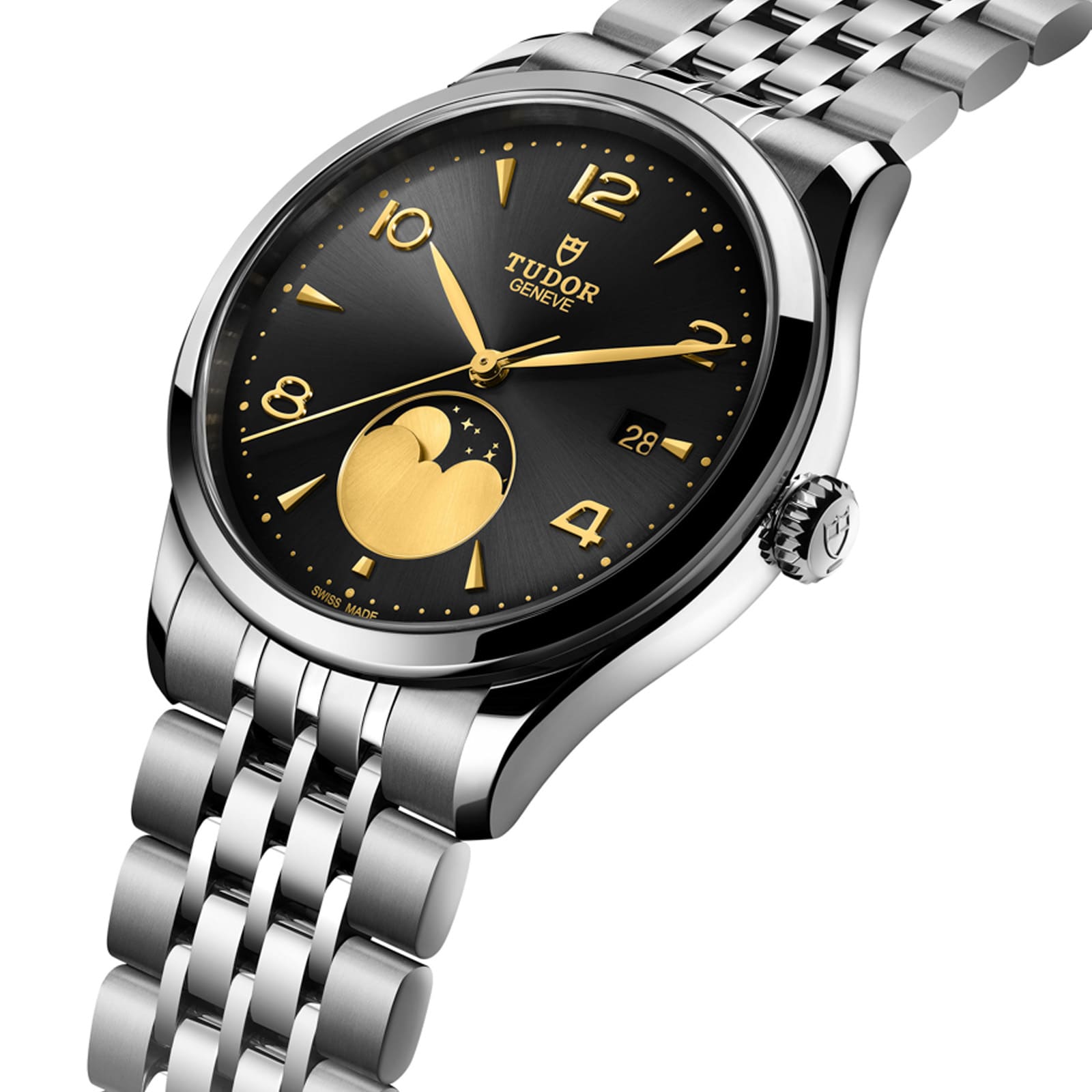 Tudor 1926 Luna 39mm Mens Watch Steel Case Moon Phase Indicator Black Dial