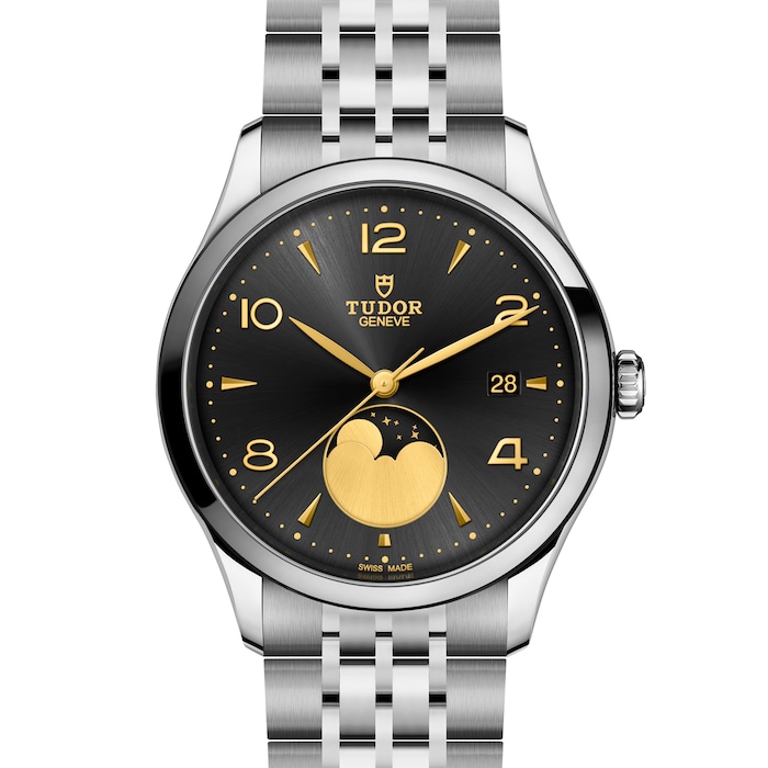 Tudor 1926 Luna 39mm Mens Watch Steel Case Moon Phase Indicator Black Dial
