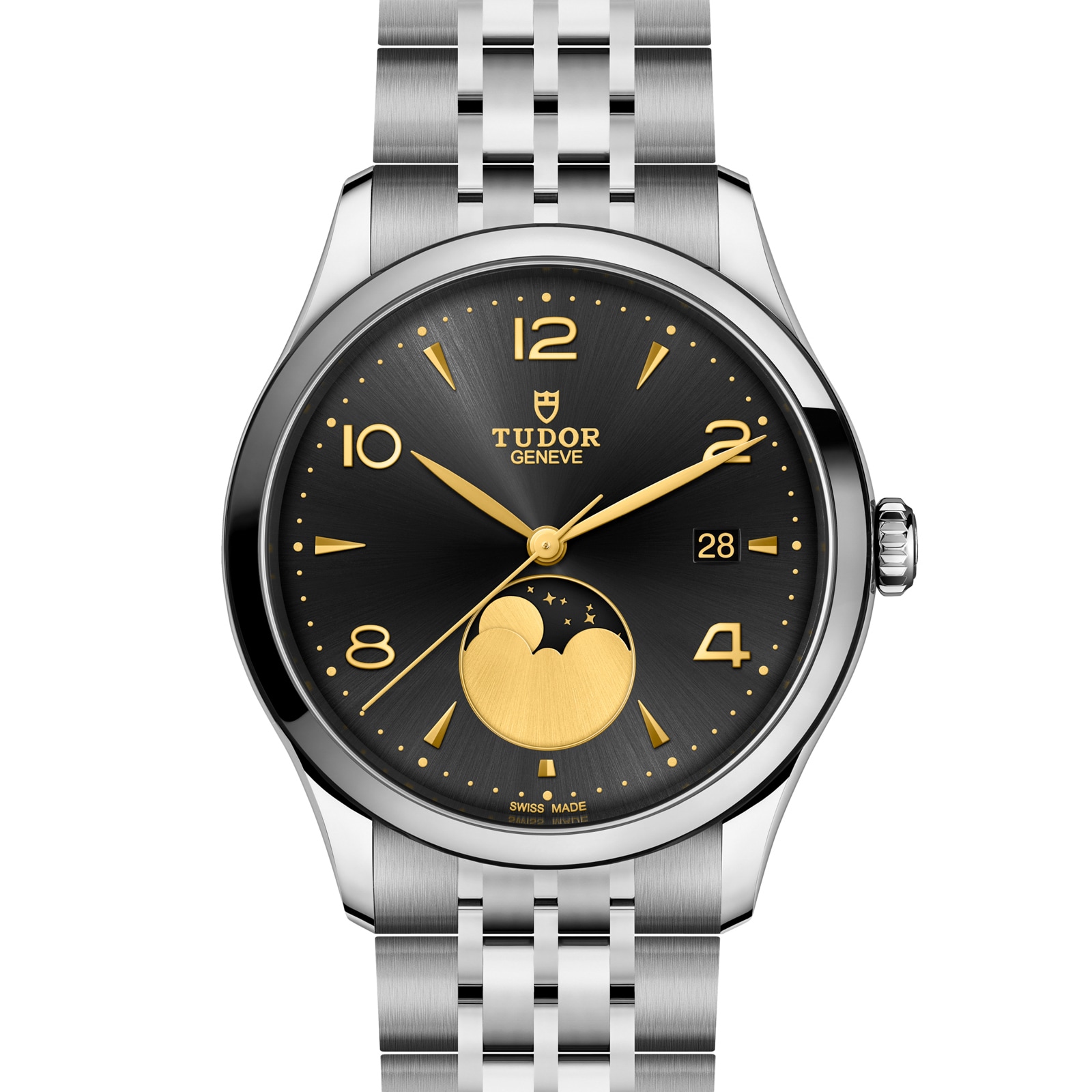 Tudor 1926 Luna 39mm Mens Watch Steel Case Moon Phase Indicator Black Dial