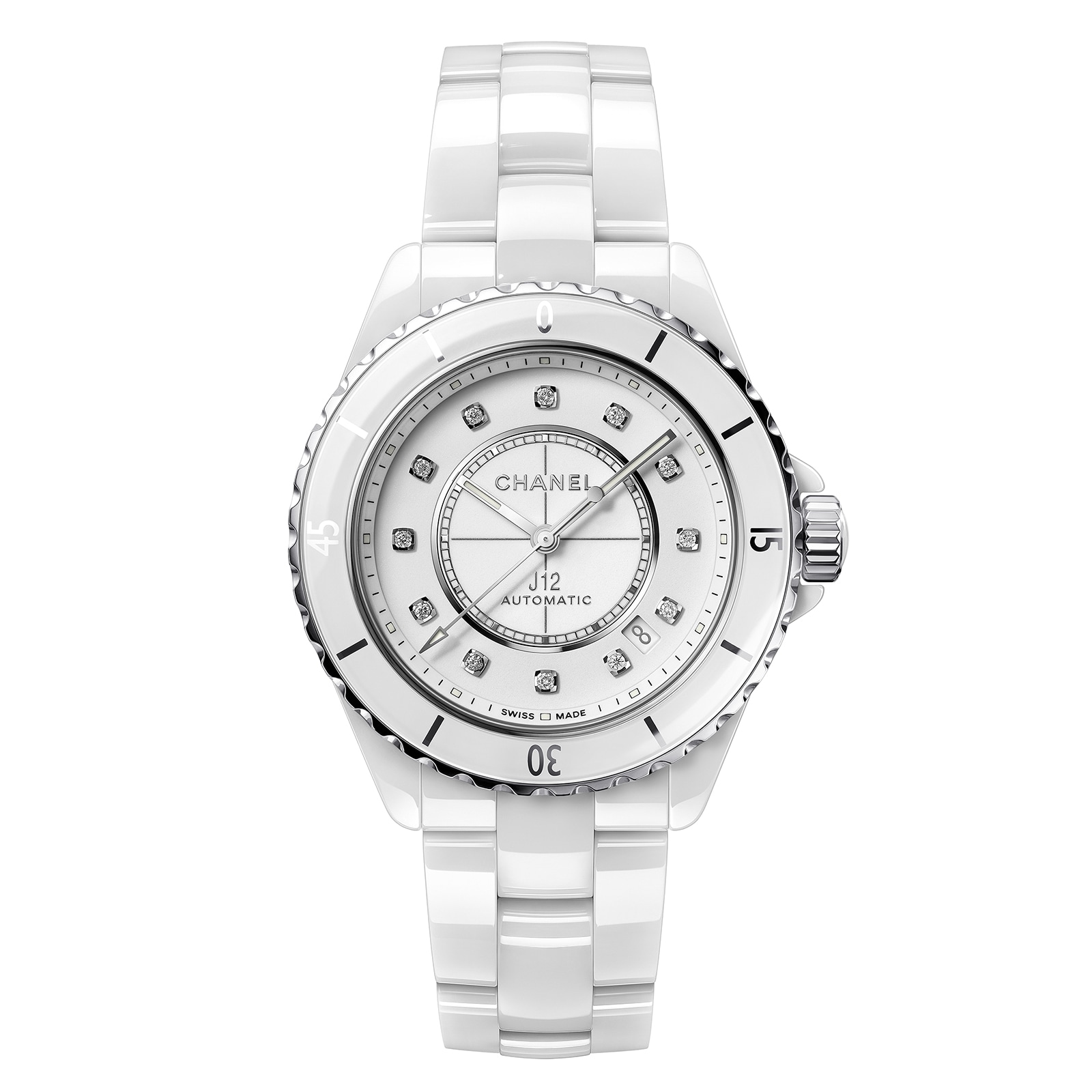 J12 White Ceramic Automatic 38mm White Diamond Dot Dial Ladies Watch