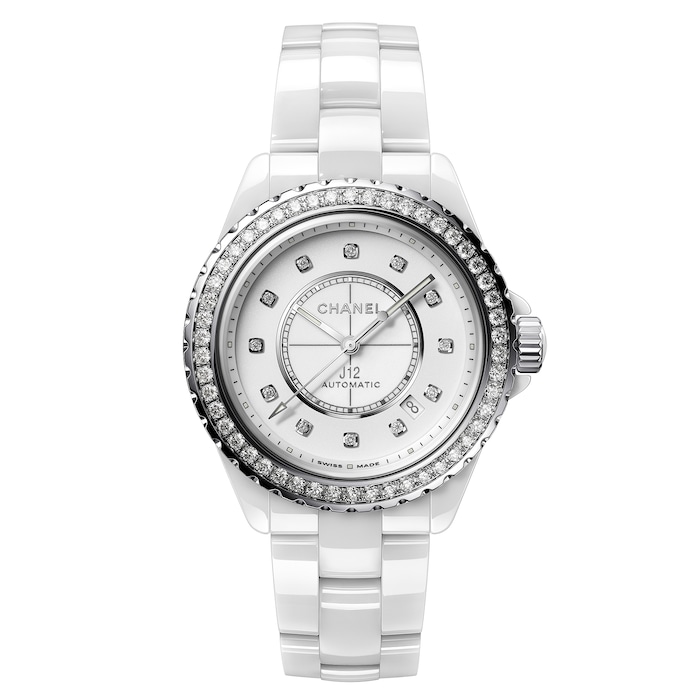 Chanel Lady's White Ceramic J12 Automatic Wristwatch with Diamond Bezel