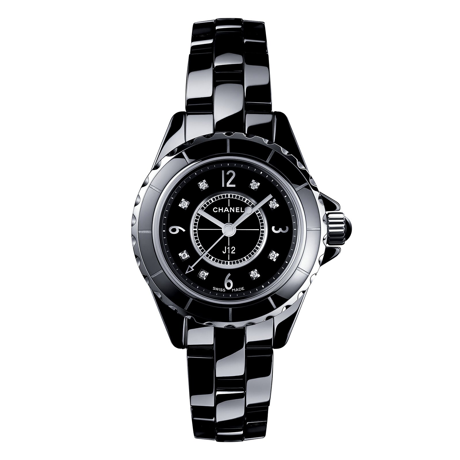J12 Phantom Black Ceramic 33mm Black Diamond Dot Dial Ladies Watch