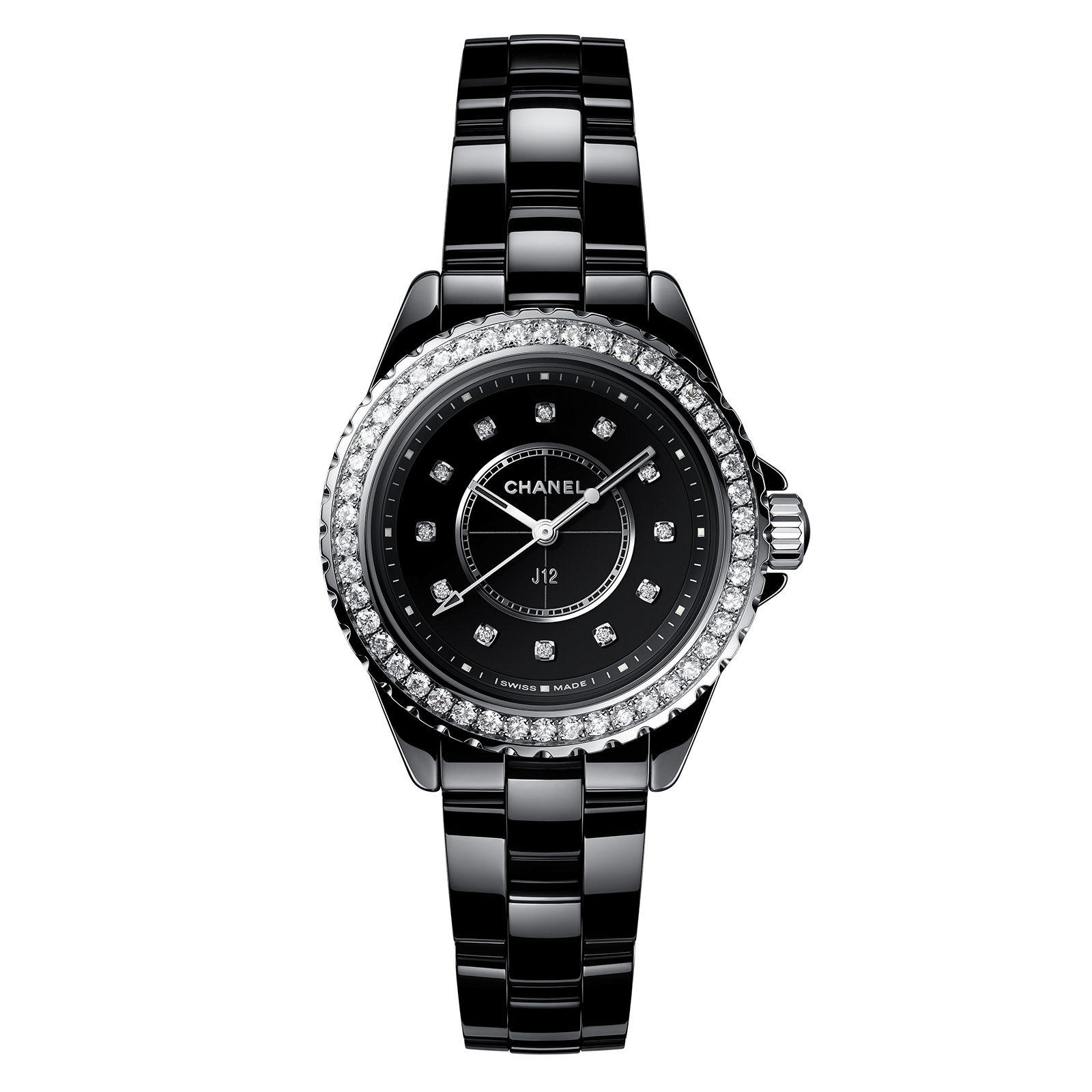 J12 Black Ceramic 33mm Black Dial Diamond Bezel Ladies Watch