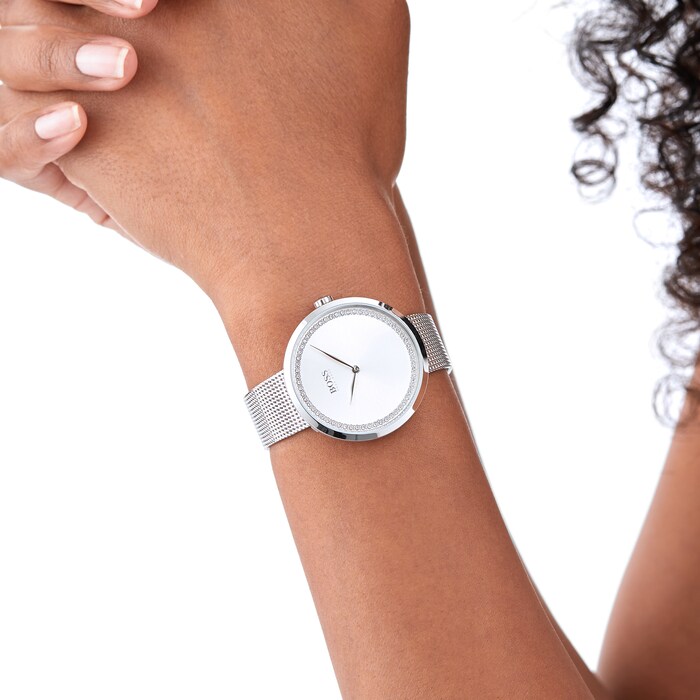 BOSS Praise Crystal Mesh Bracelet Strap Watch, Silver Ladies Watch 36mm