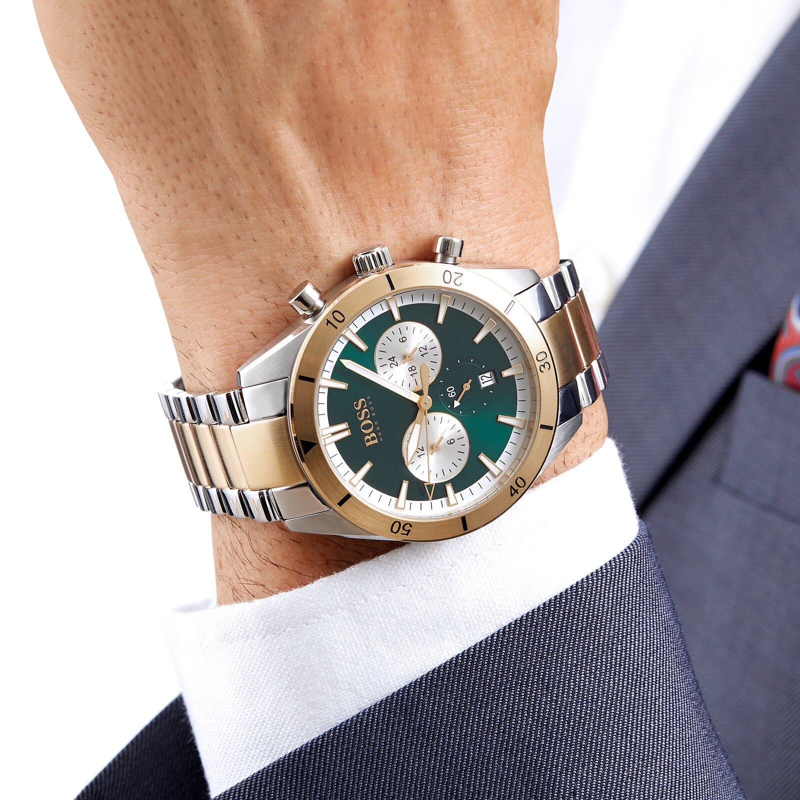 BOSS Santiago Chronograph Date Bracelet Strap Watch, Silver/Gold GQ