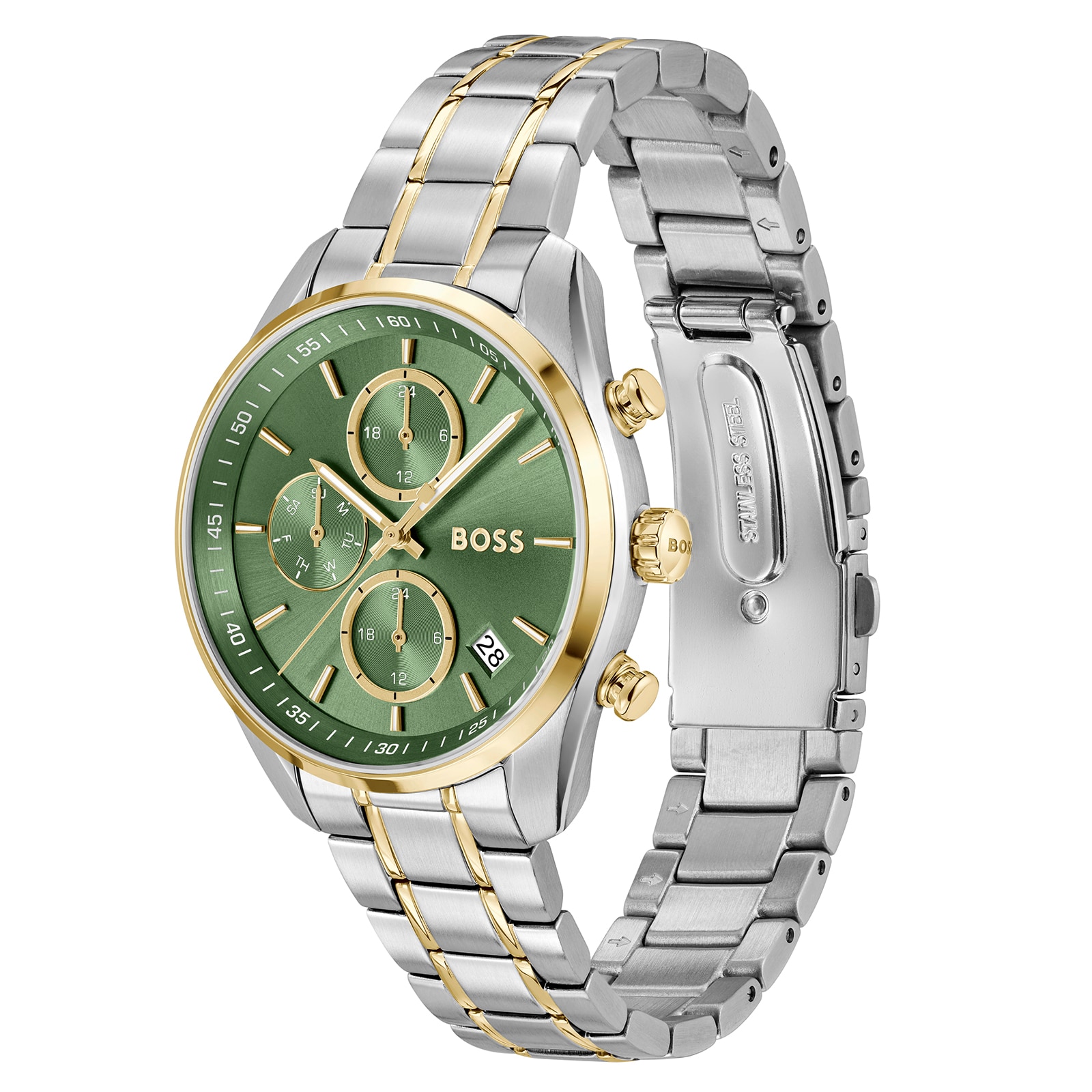 Hugo Boss Grand Tour Chronograph Green Dial Two Tone Steel Strap Watch for Women - 1502766