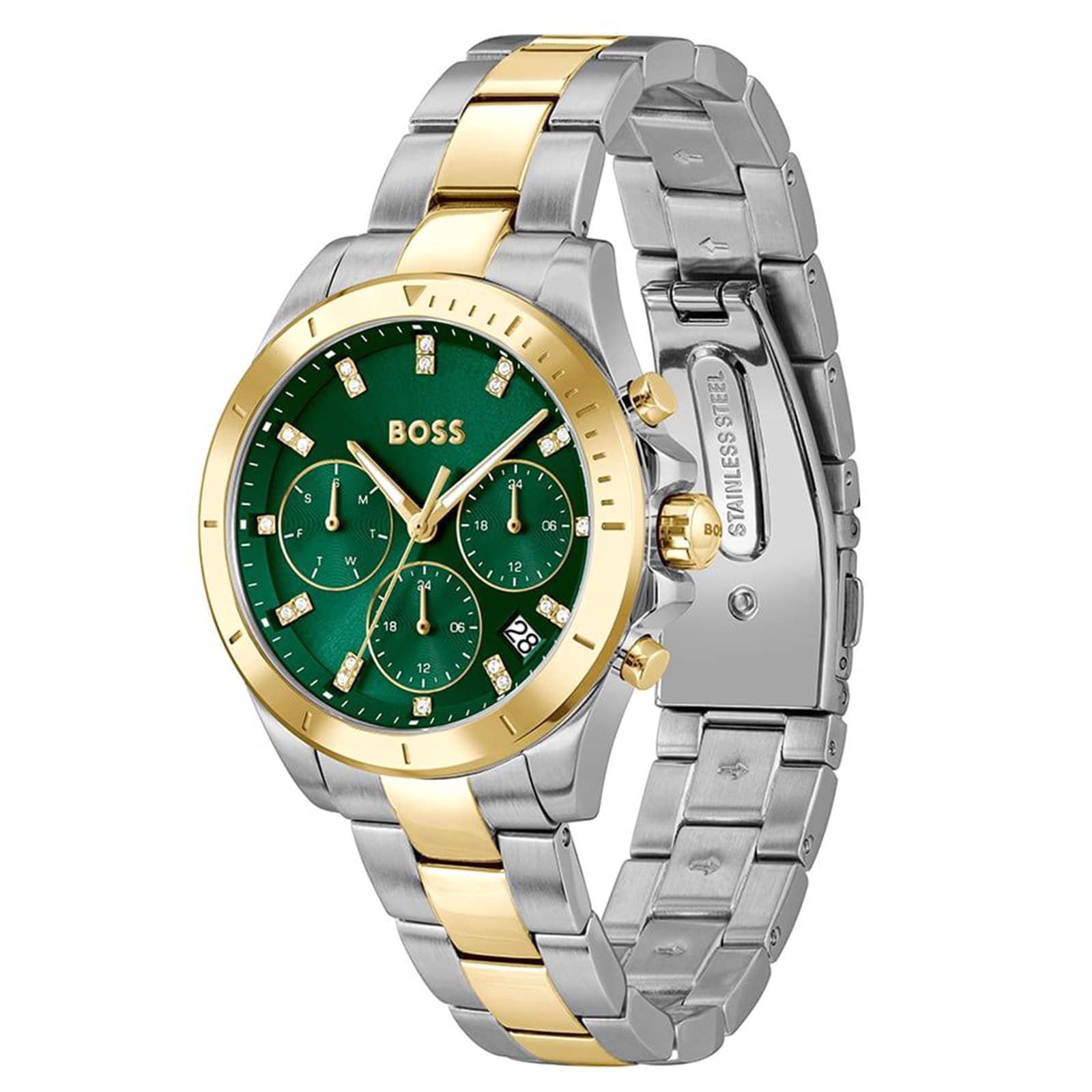 BOSS Alley Sport Lux Two Tone Crystal Green Dial Ladies Watch