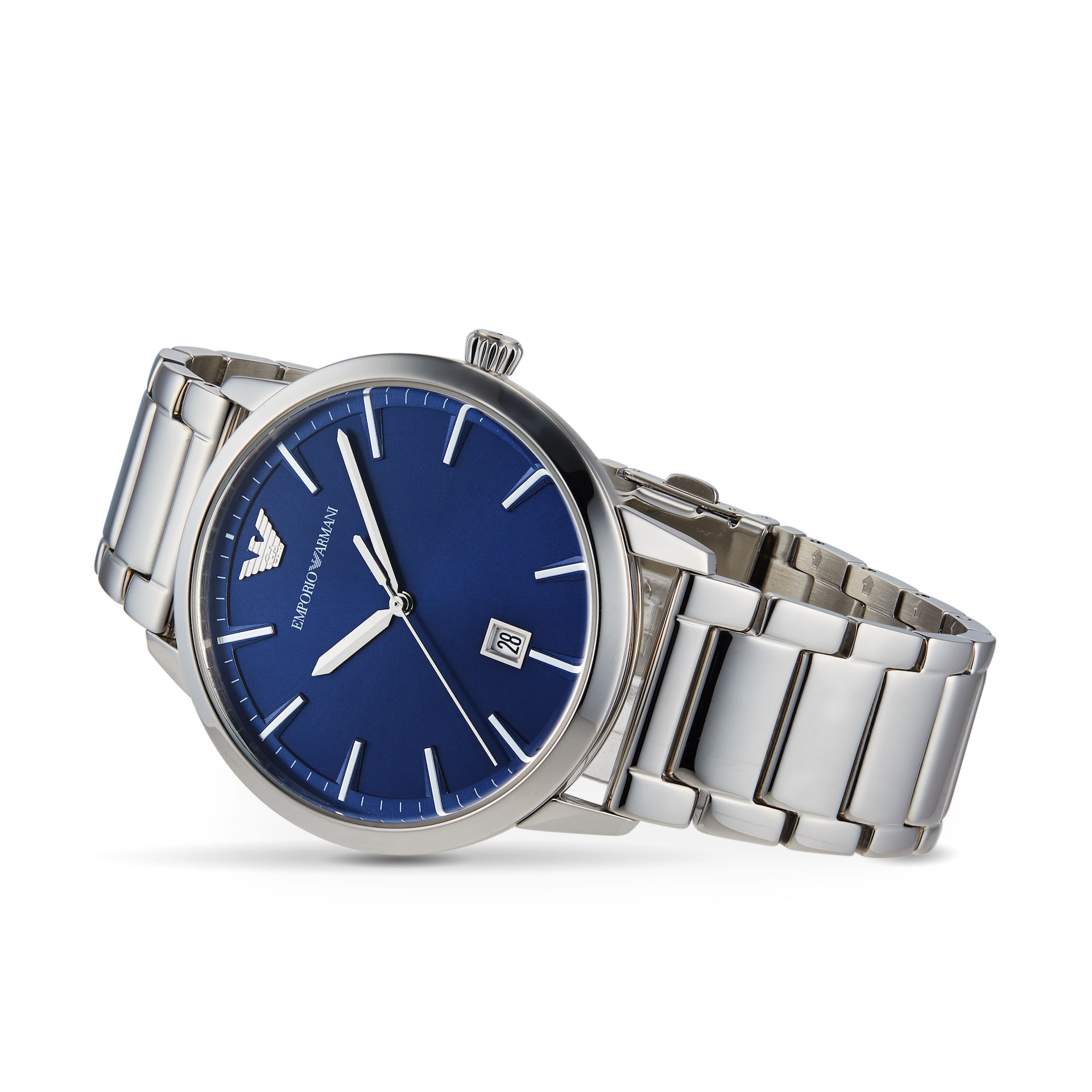 Emporio Armani Mens Date Stainless Steel Bracelet Strap Watch, Silver/Blue Emporio Armani Mens Date Stainless Steel Bracelet Strap Watch, Silver/Blue