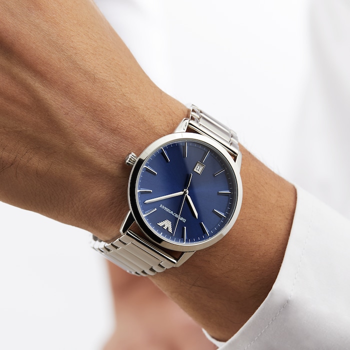 Emporio Armani Men's Date Stainless Steel Bracelet Strap Watch, Silver/Blue