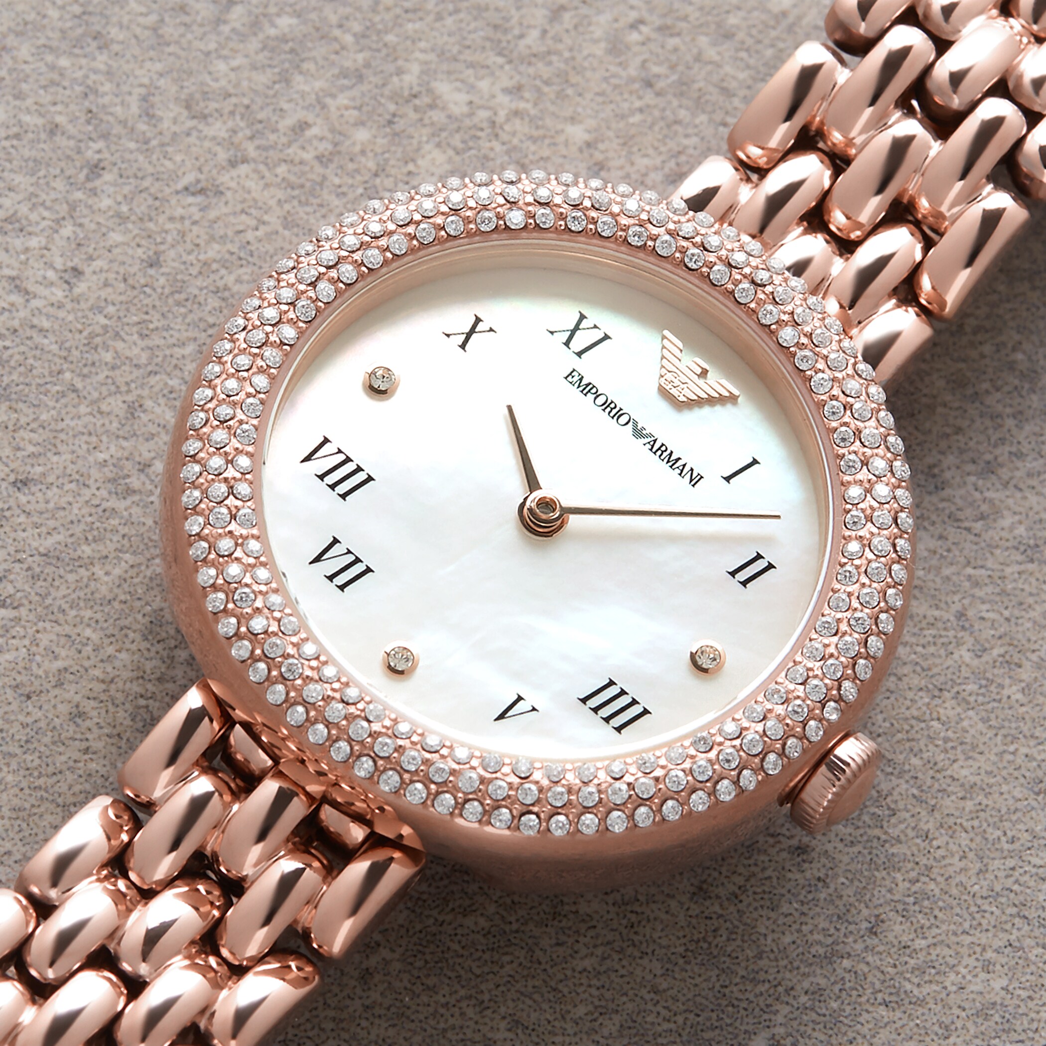 Emporio Armani Ladies Crystal Bracelet Strap Watch, Rose Gold/Mother of Pearl