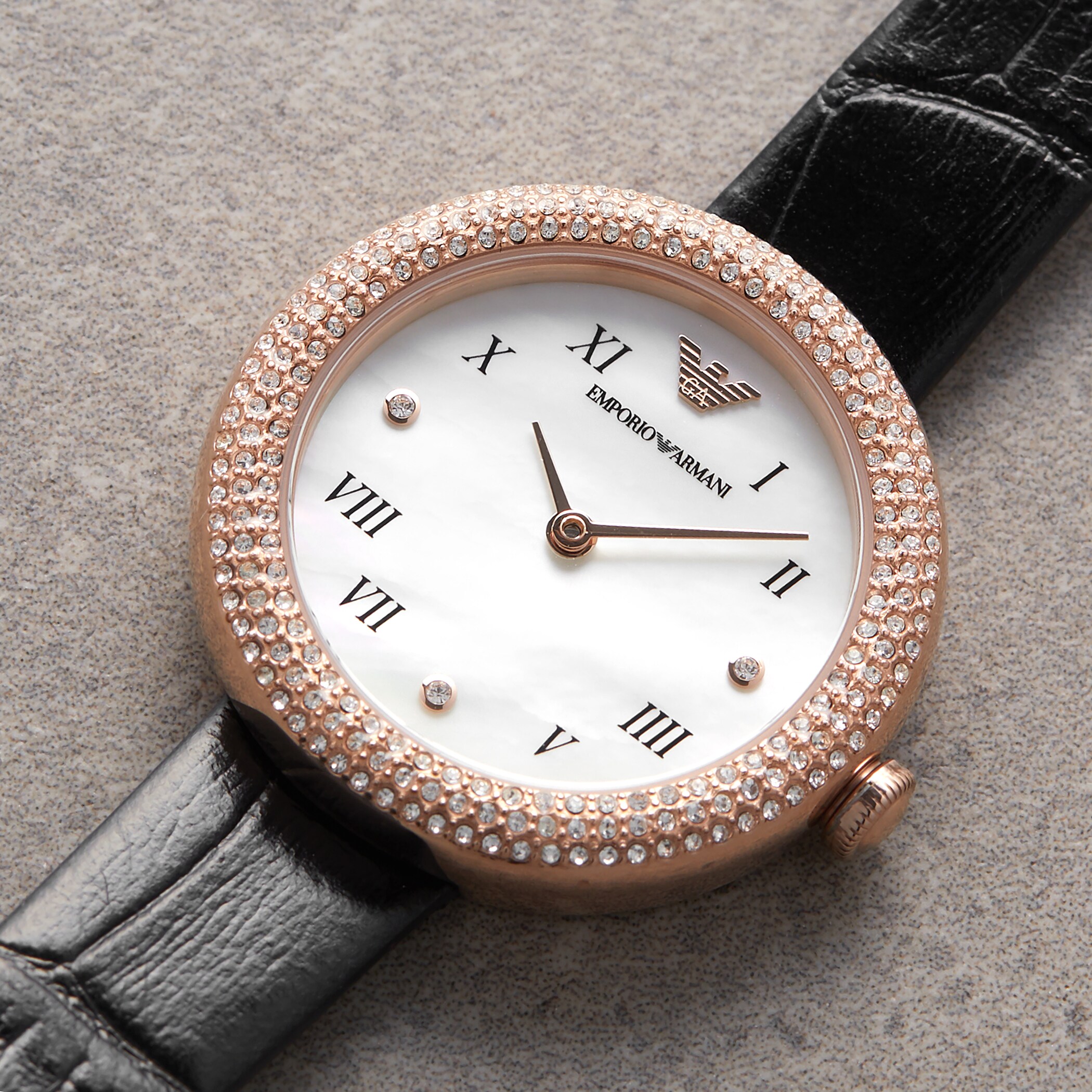 Emporio Armani Ladies Black Leather Watch