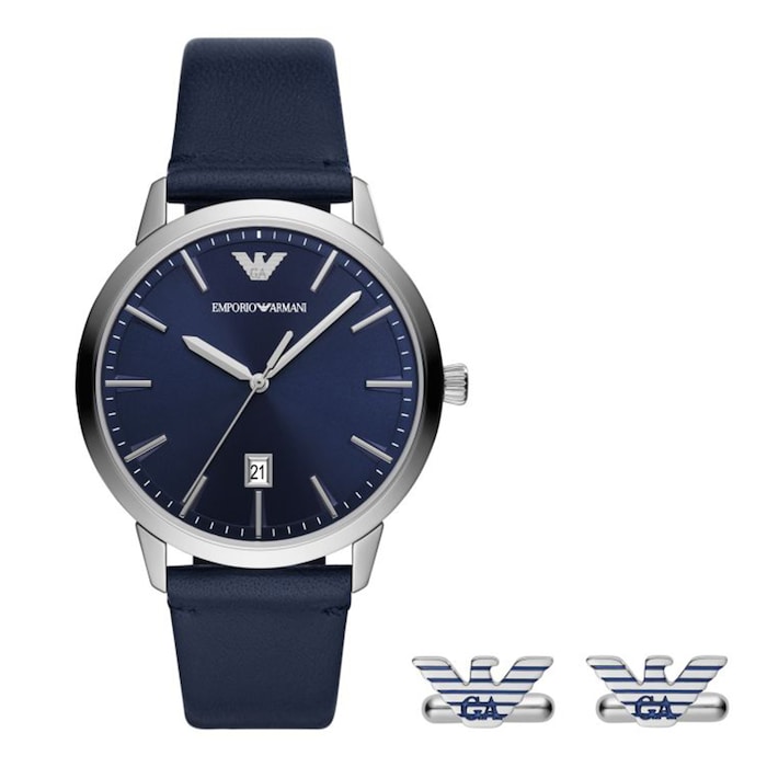 Emporio Armani Men's Blue Leather Strap 43mm  Watch & Cufflink Gift Set