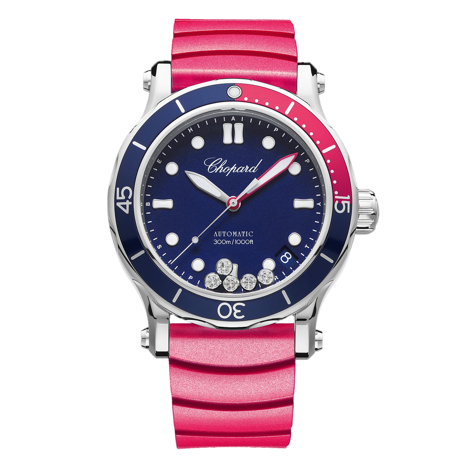 Chopard Happy Sport 40mm Ladies Watch Blue Dial Pink Strap