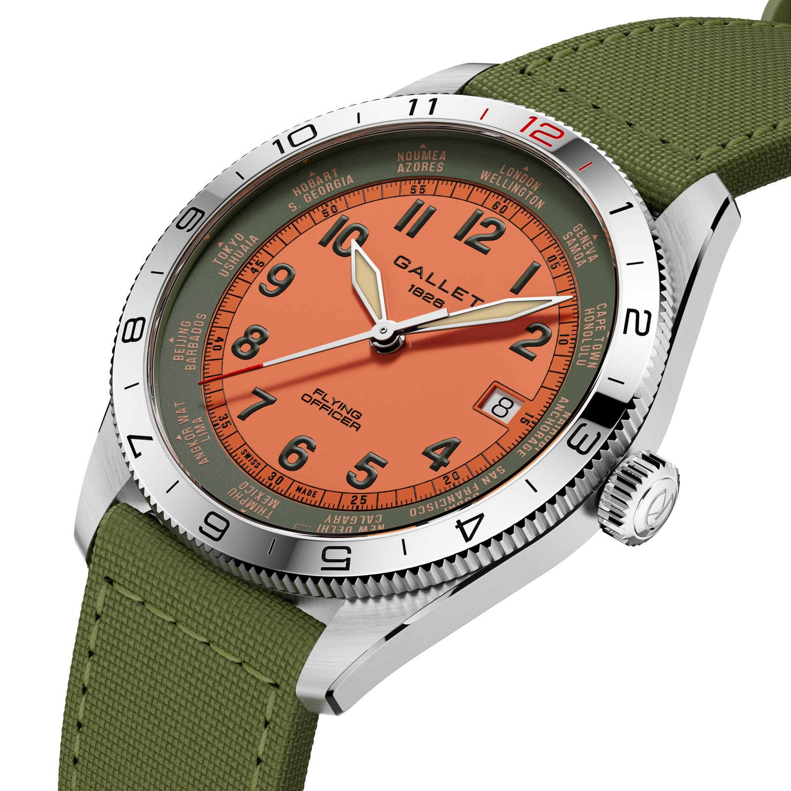Gallet Flying Officer Chronograph Automatic 40mm Unisex Watch Orange Dial Fabric