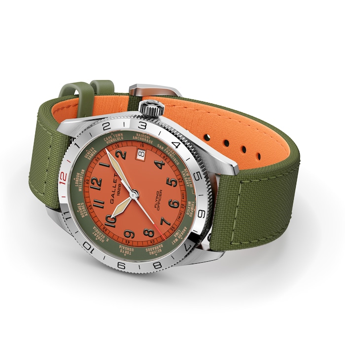 Gallet Flying Officer Chronograph Automatic 40mm Unisex Watch Orange Dial Fabric