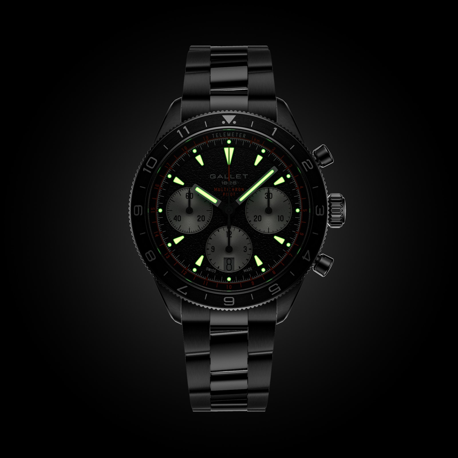 Gallet Multichron Pilot Chronograph Automatic 42mm Unisex Watch Black Dial