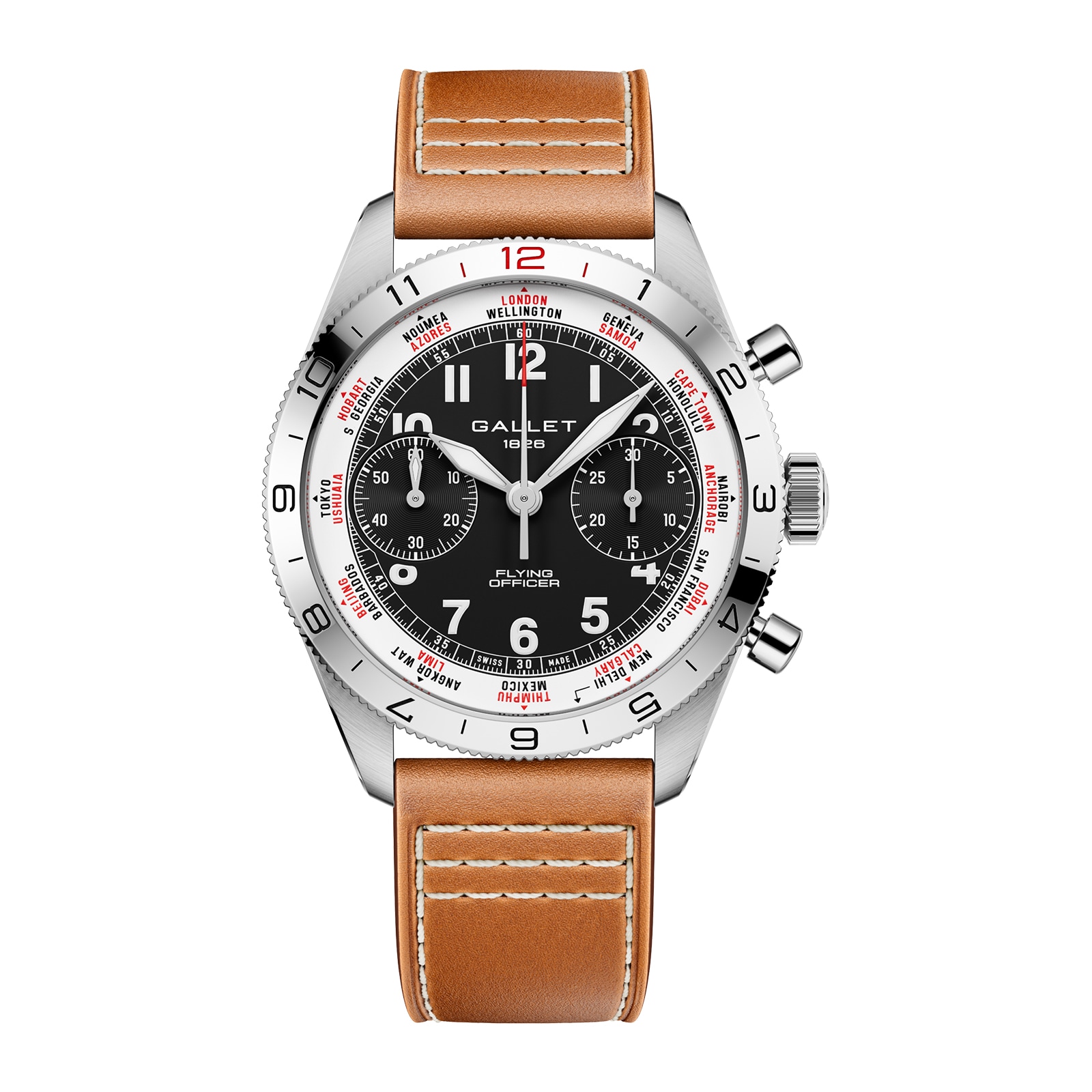 Gallet Flying Officer Chronograph Automatic 40mm Unisex Watch Black Dial Leather