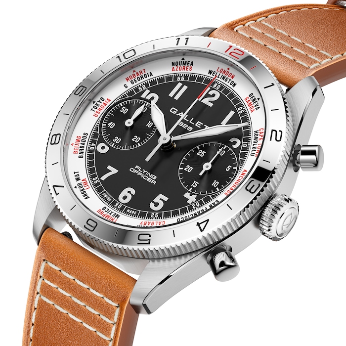 Gallet Flying Officer Chronograph Automatic 40mm Unisex Watch Black Dial Leather