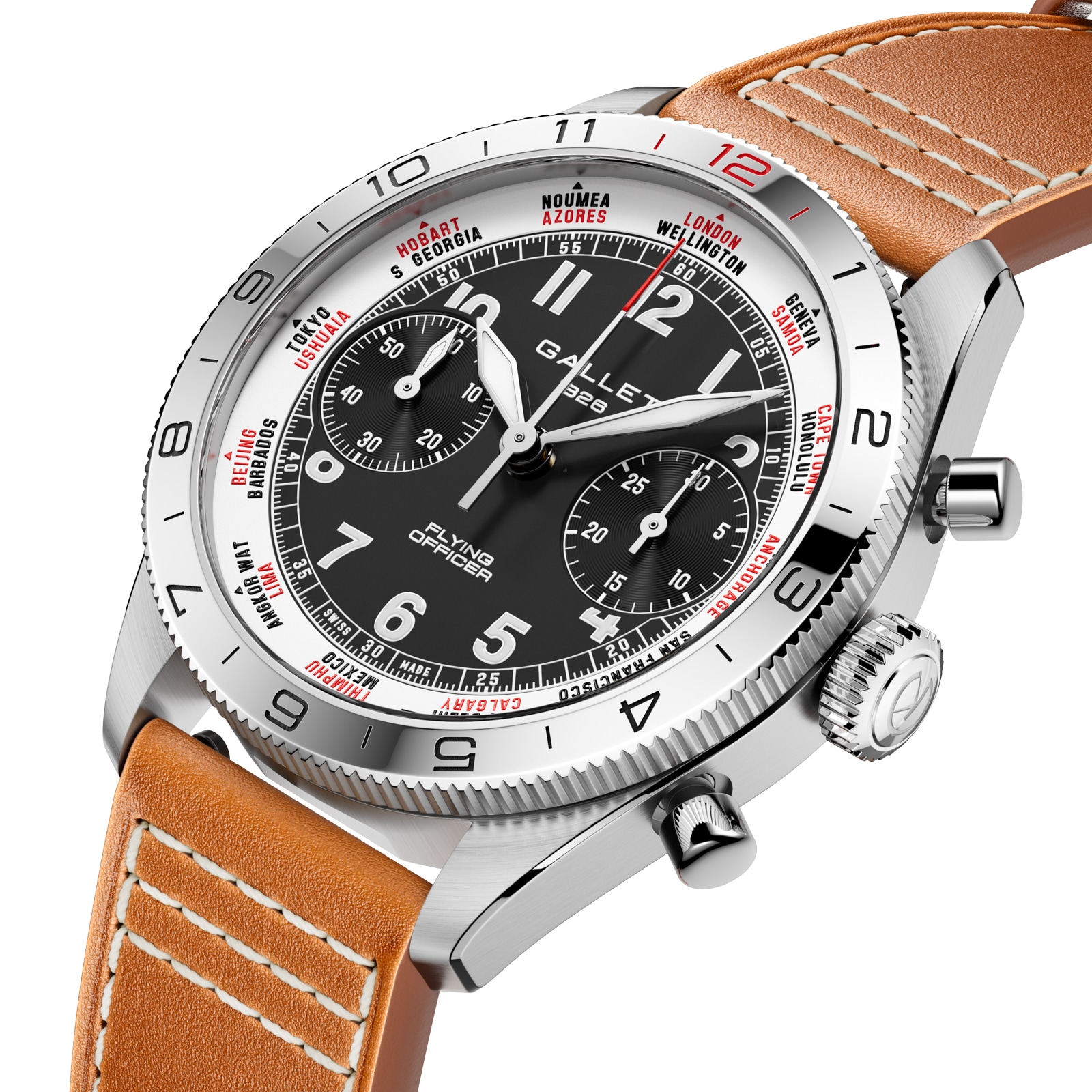Gallet Flying Officer Chronograph Automatic 40mm Unisex Watch Black Dial Leather