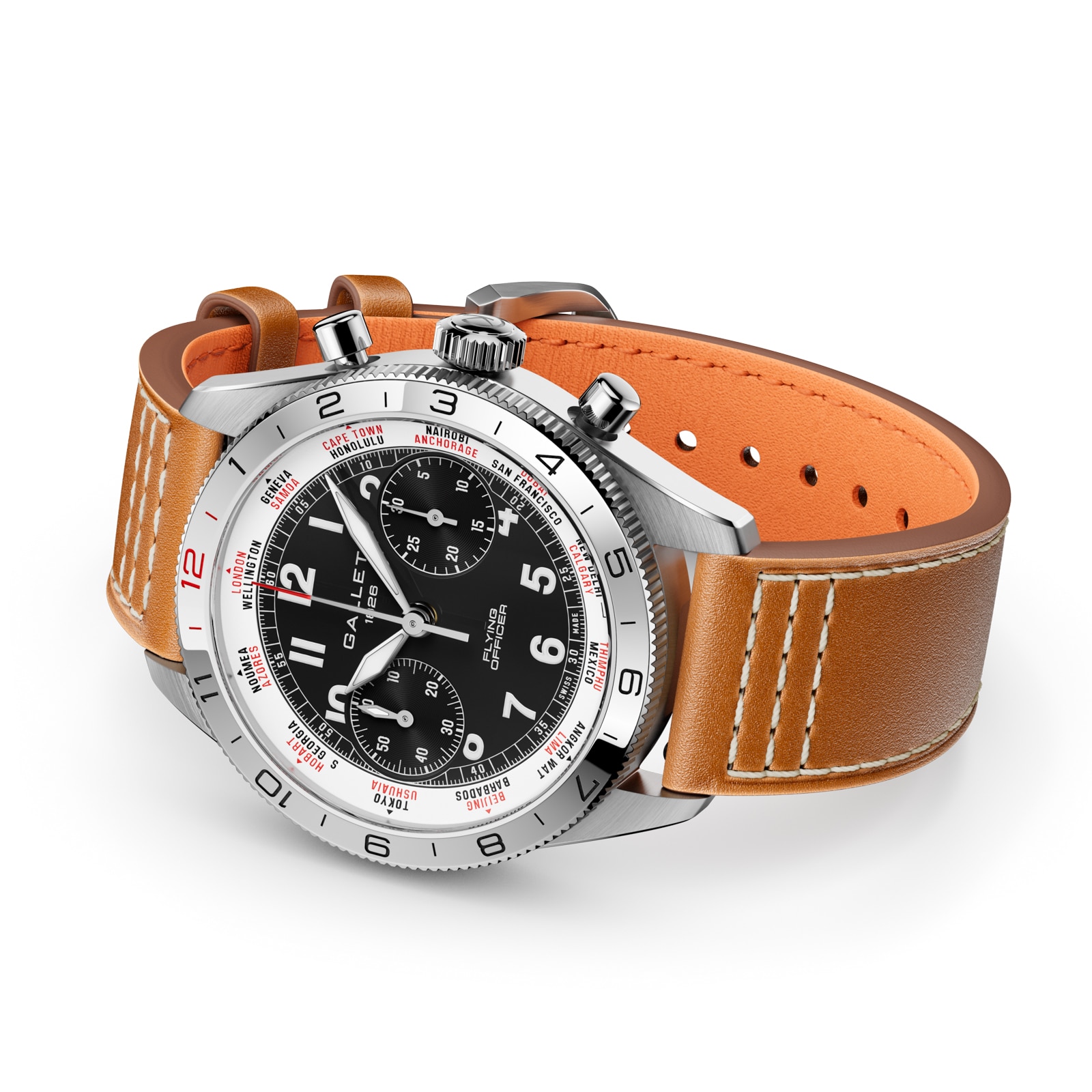 Gallet Flying Officer Chronograph Automatic 40mm Unisex Watch Black Dial Leather