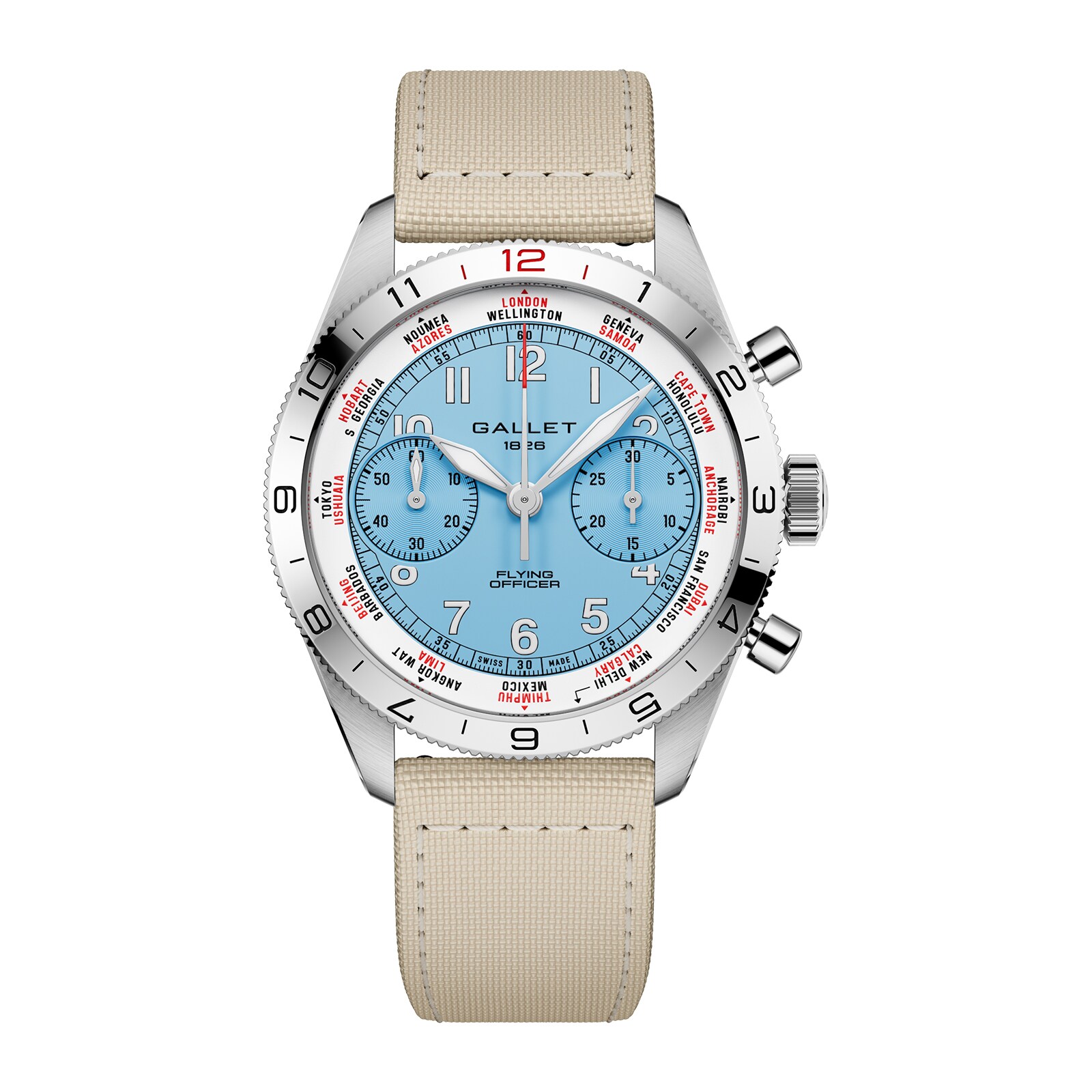Gallet Flying Officer Chronograph Automatic 40mm Unisex Watch Sky Blue Dial Fabric