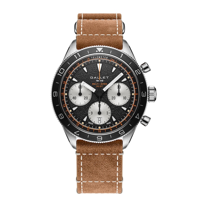 Gallet Multichron Pilot Chronograph Automatic 42mm Unisex Watch Black Dial Leather