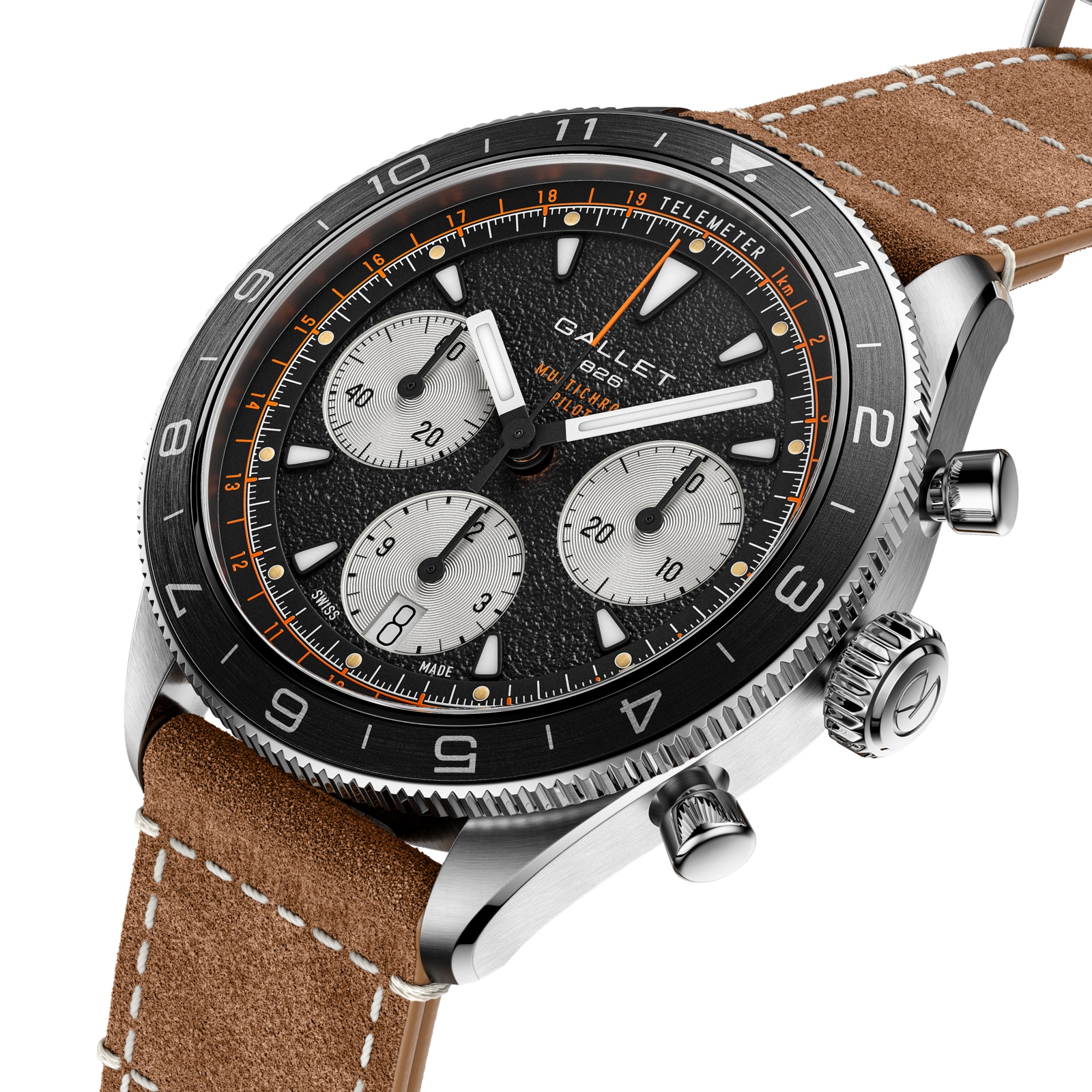 Gallet Multichron Pilot Chronograph Automatic 42mm Unisex Watch Black Dial Leather