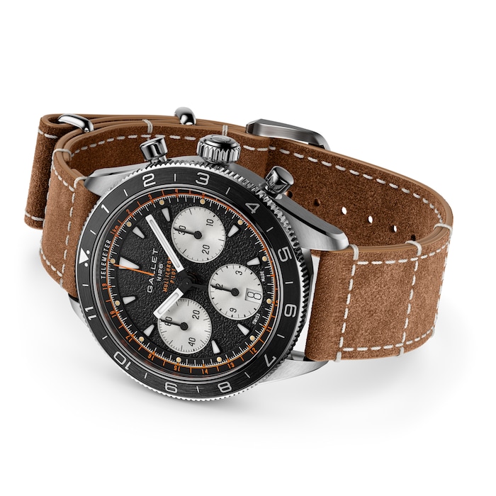 Gallet Multichron Pilot Chronograph Automatic 42mm Unisex Watch Black Dial Leather