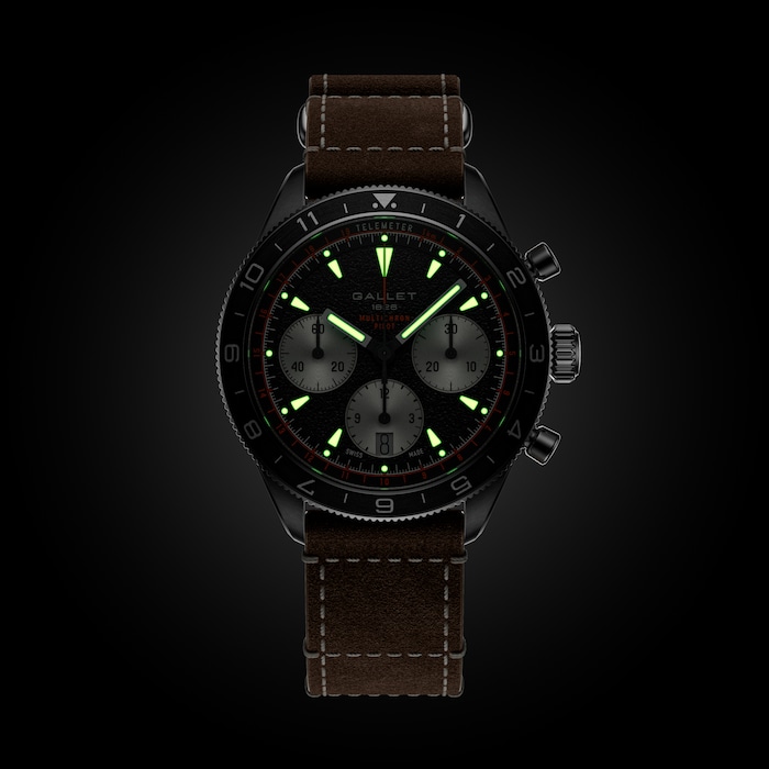 Gallet Multichron Pilot Chronograph Automatic 42mm Unisex Watch Black Dial Leather