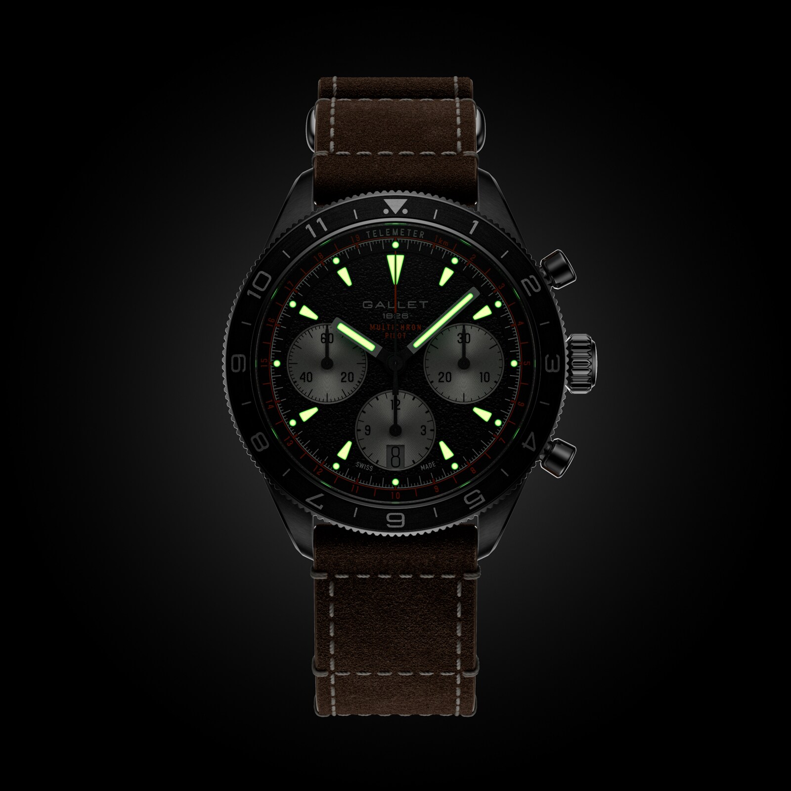 Gallet Multichron Pilot Chronograph Automatic 42mm Unisex Watch Black Dial Leather