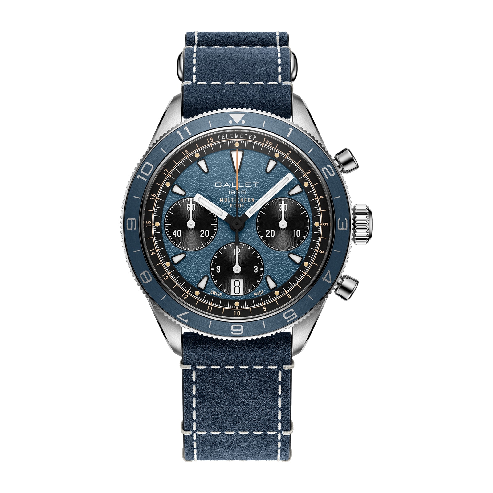 Gallet Multichron Pilot Chronograph Automatic 42mm Unisex Watch Blue Dial Leather