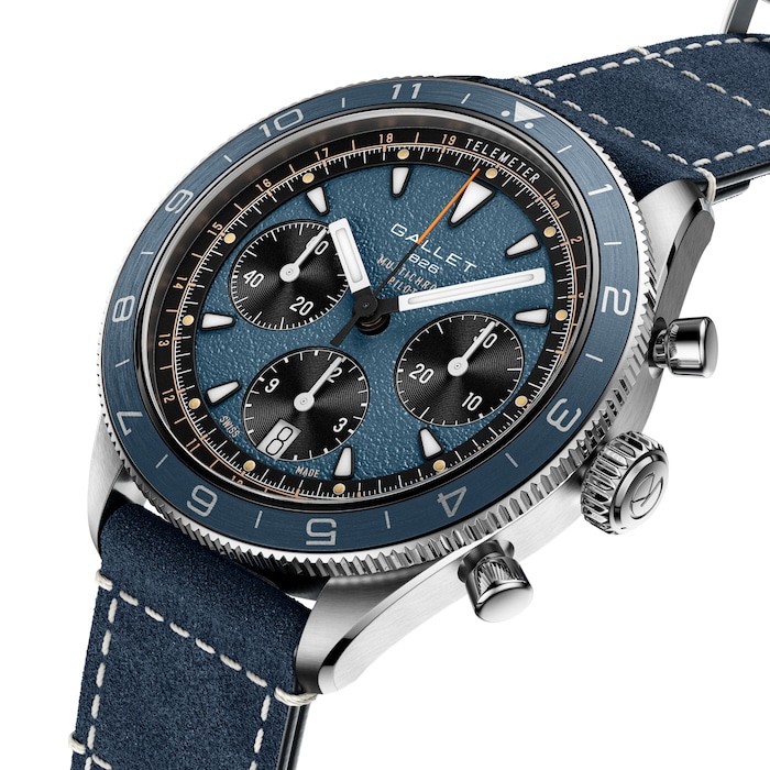 Gallet Multichron Pilot Chronograph Automatic 42mm Unisex Watch Blue Dial Leather