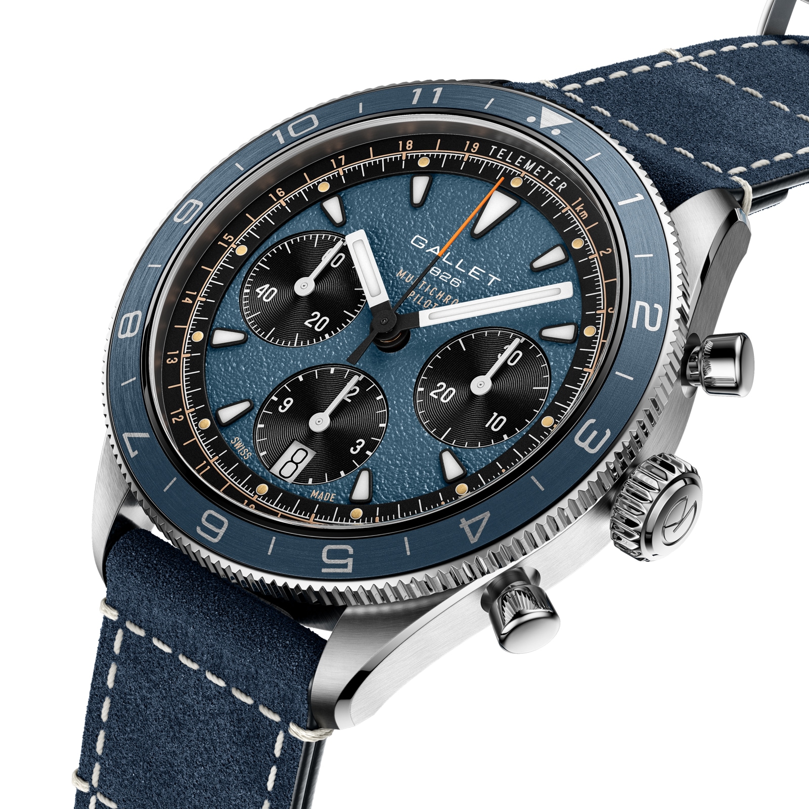 Gallet Multichron Pilot Chronograph Automatic 42mm Unisex Watch Blue Dial Leather