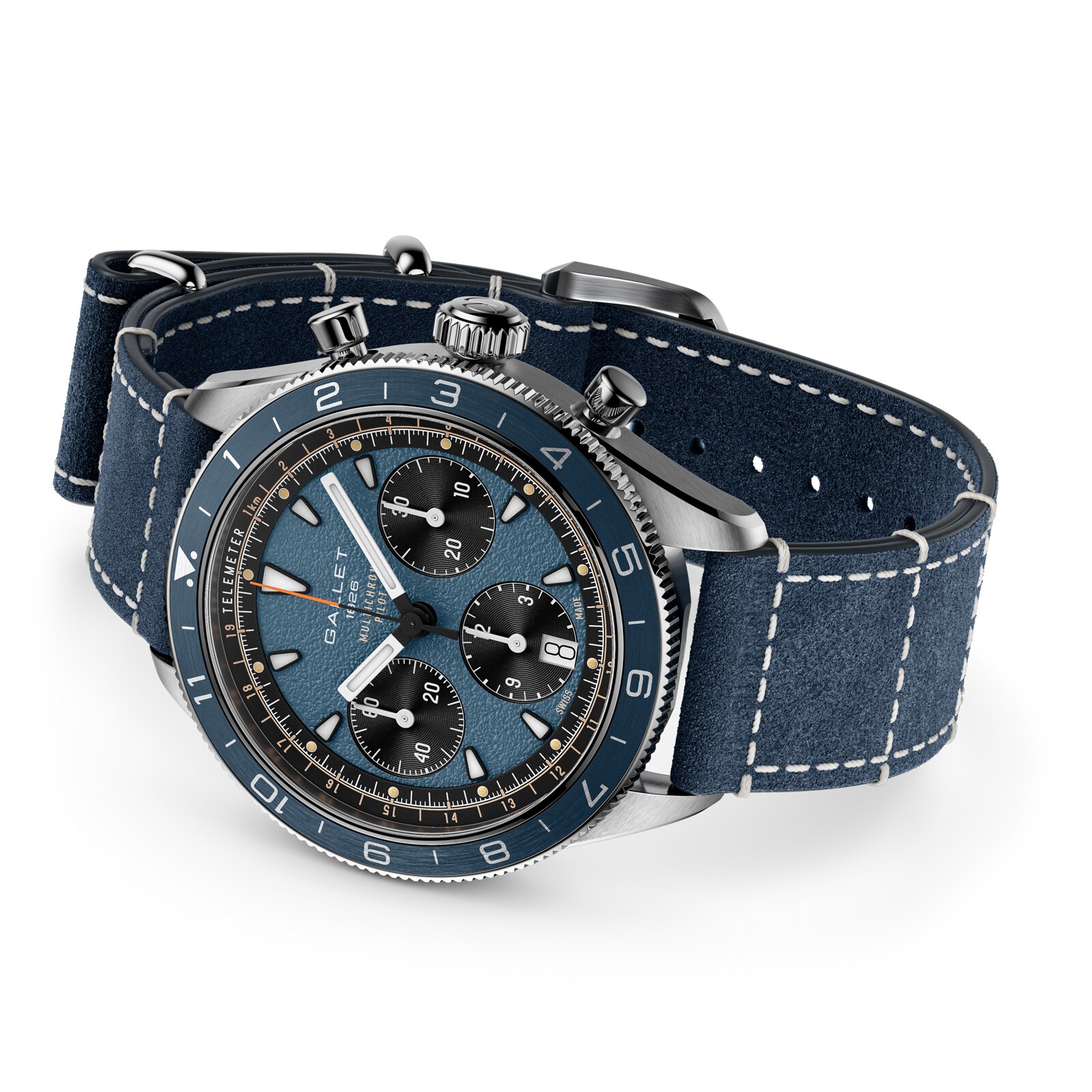 Gallet Multichron Pilot Chronograph Automatic 42mm Unisex Watch Blue Dial Leather