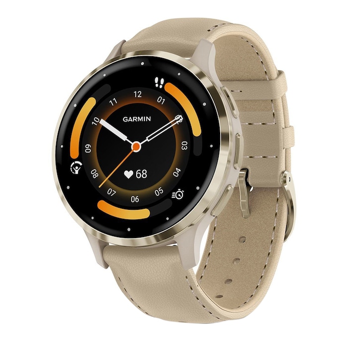 Garmin Venu 3s Soft gold stainless steel bezel with French grey case and leather band