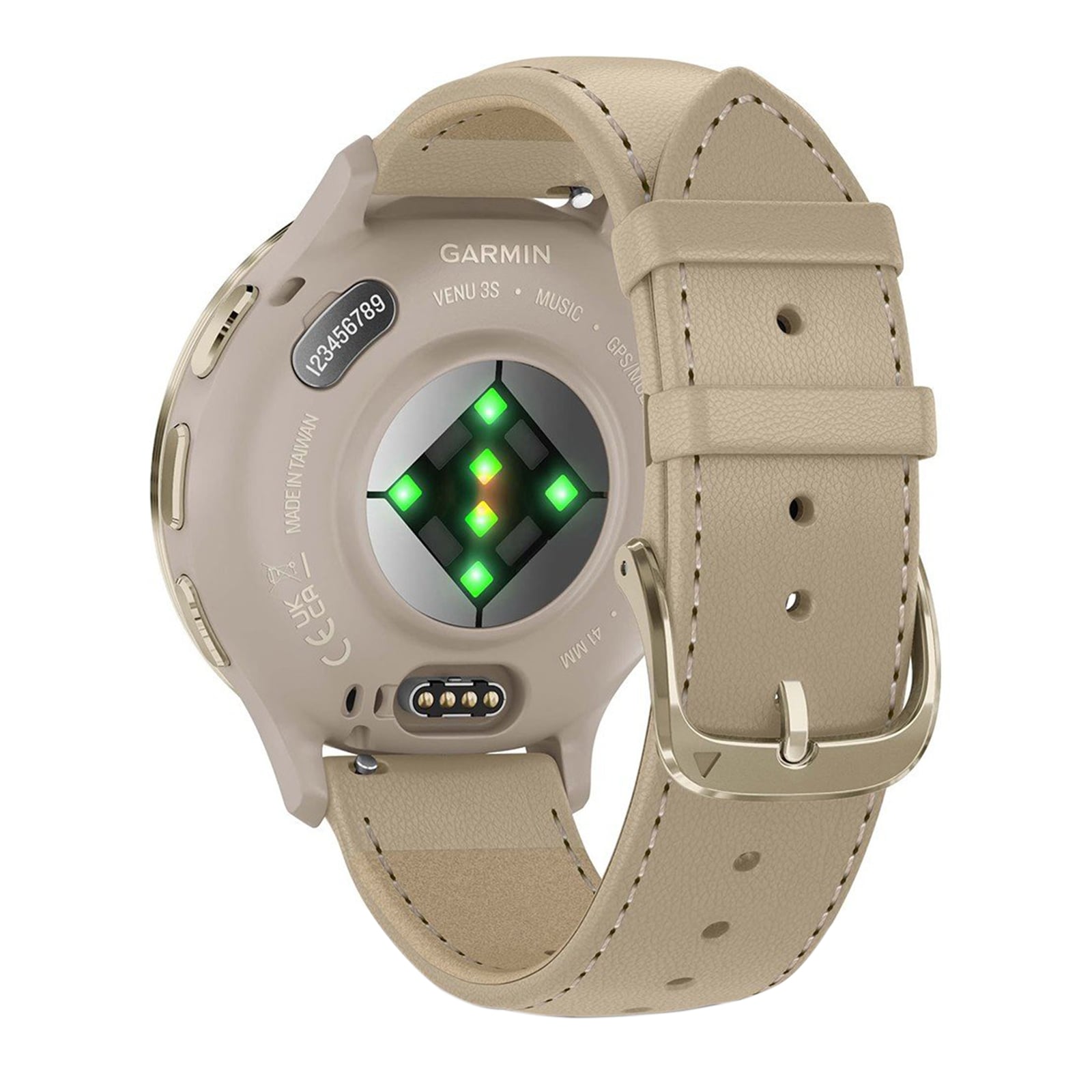 Garmin Venu 3s Soft gold stainless steel bezel with French grey case and leather band Smart Watch