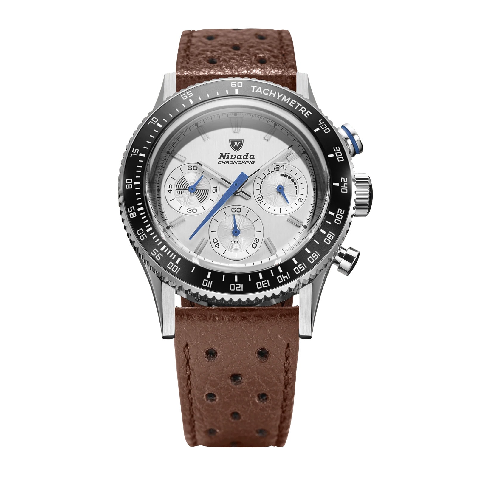 Nivada Grenchen Chronoking Mecaquartz Racing 38mm Mens Watch Silver