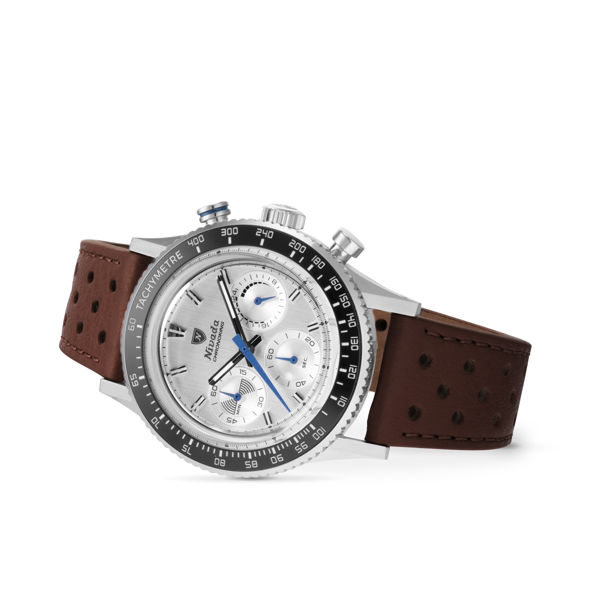 Nivada Grenchen Chronoking Mecaquartz Racing 38mm Mens Watch Silver