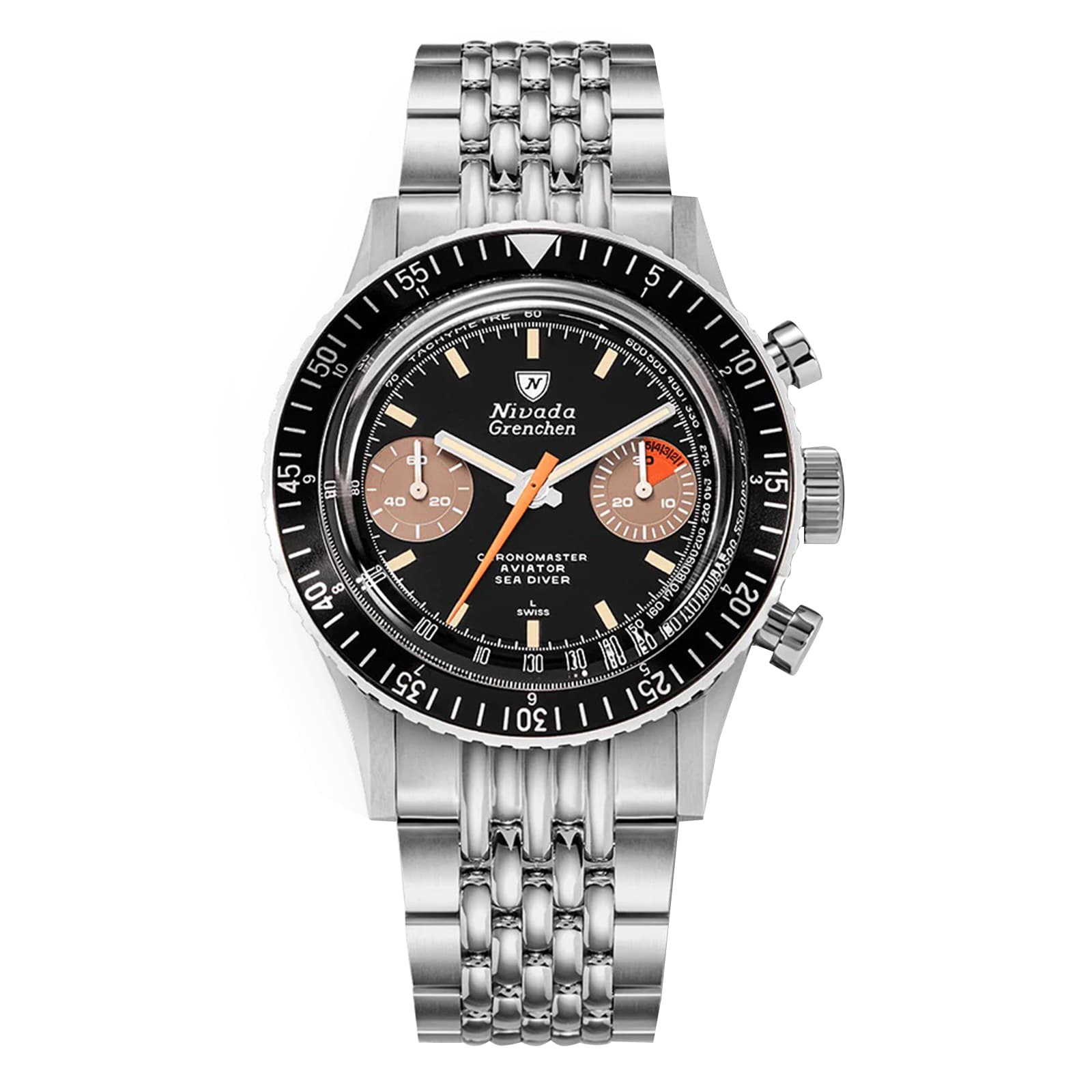 Nivada Grenchen Chronomaster Orange Boy 38mm Mens Watch Black